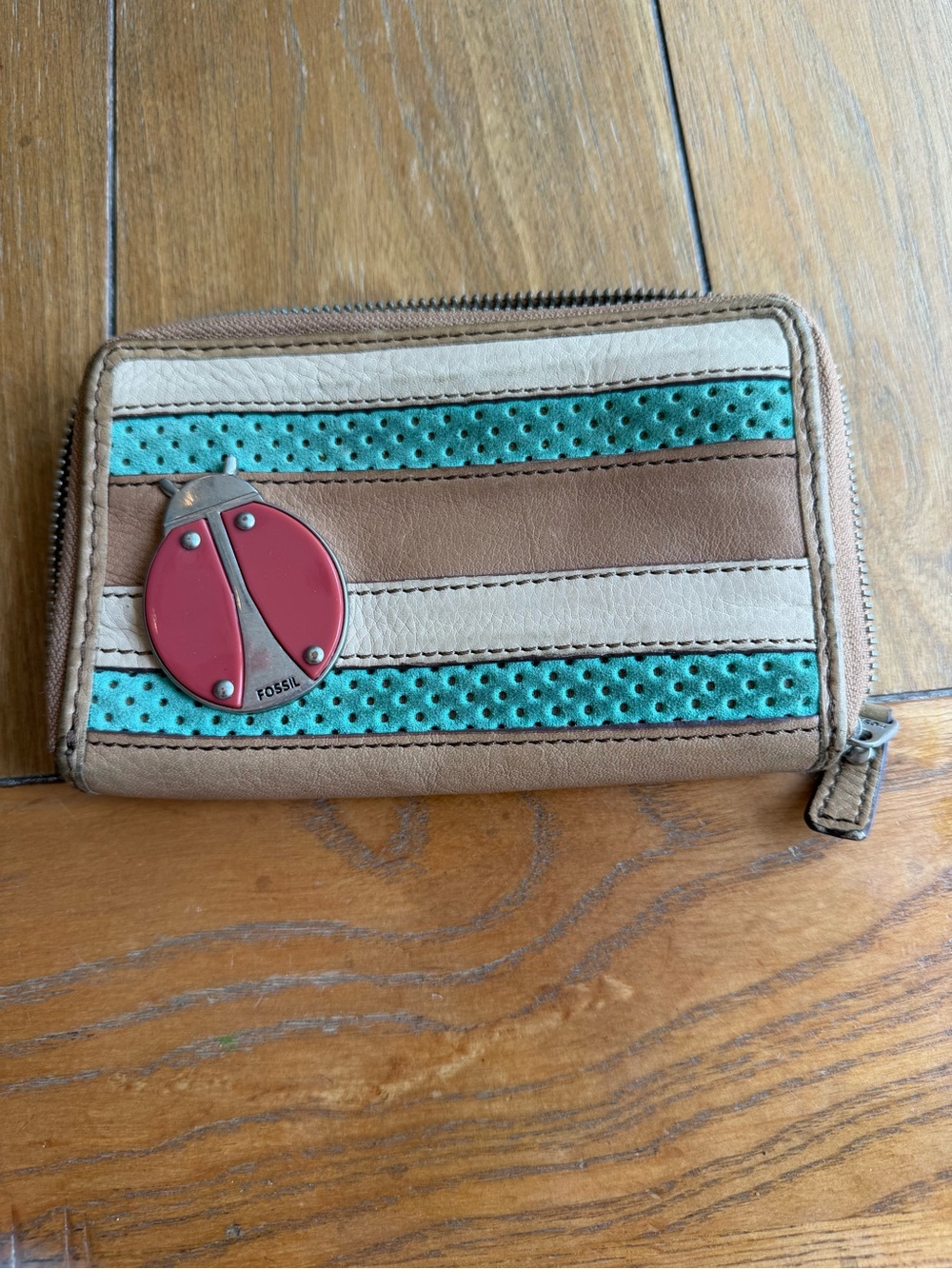 Fossil Brown, Cream & Teal Striped Zip Wallet with Red Ladybug Accent